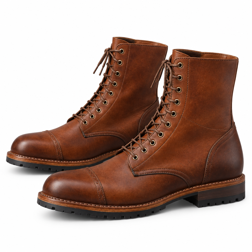 Brown Cap Toe Lace-Up Boots